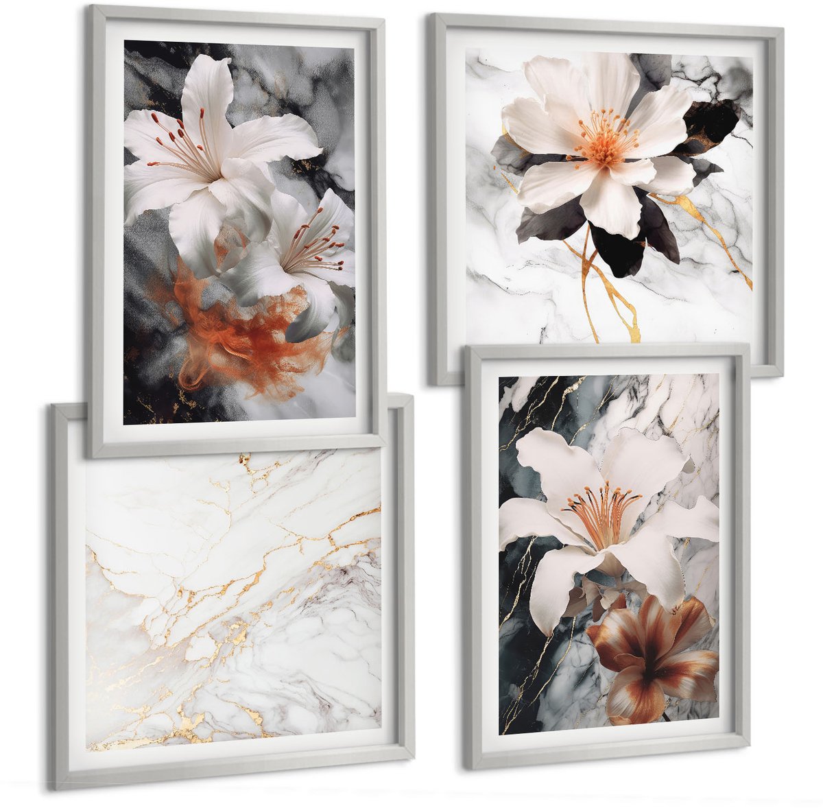 Coloray 4-Delige Schilderij Set - Bloemen Op Een Marmeren Achtergrond In Wit- En Zwarttinten. - 40 x 40 cm En 40 x 60 cm - Stijlvolle Muurdecoratie - Slaapkamer - Wanddecoratie