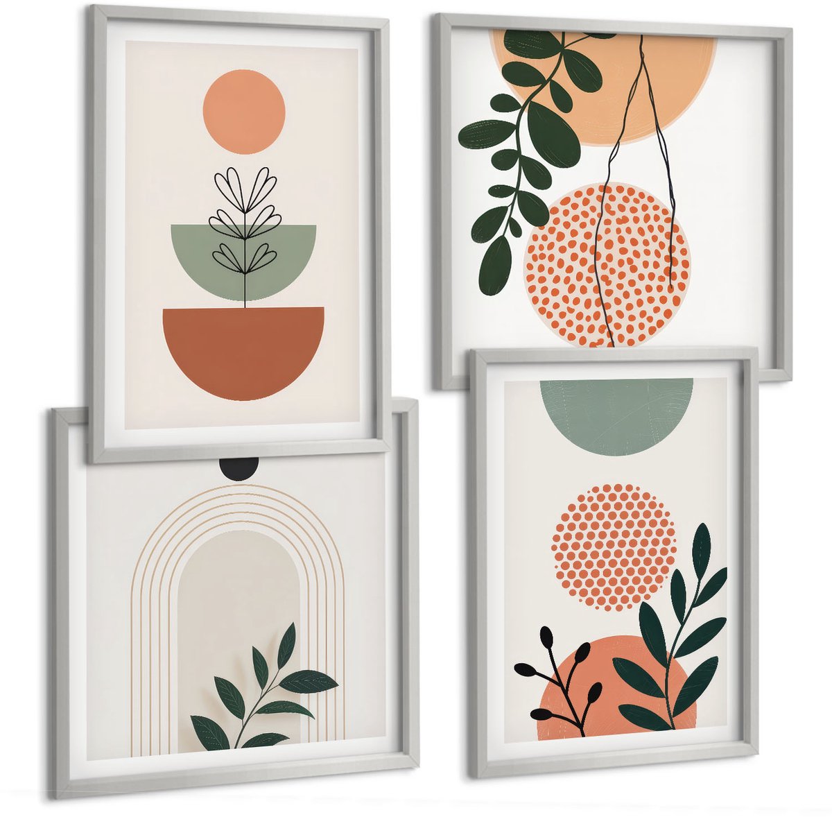 Coloray 4-Delige Schilderij Set - Plantmotieven In Moderne Vormen En Kleuren - 40 x 40 cm En 40 x 60 cm - Moderne Wanddecoratie - Slaapkamer