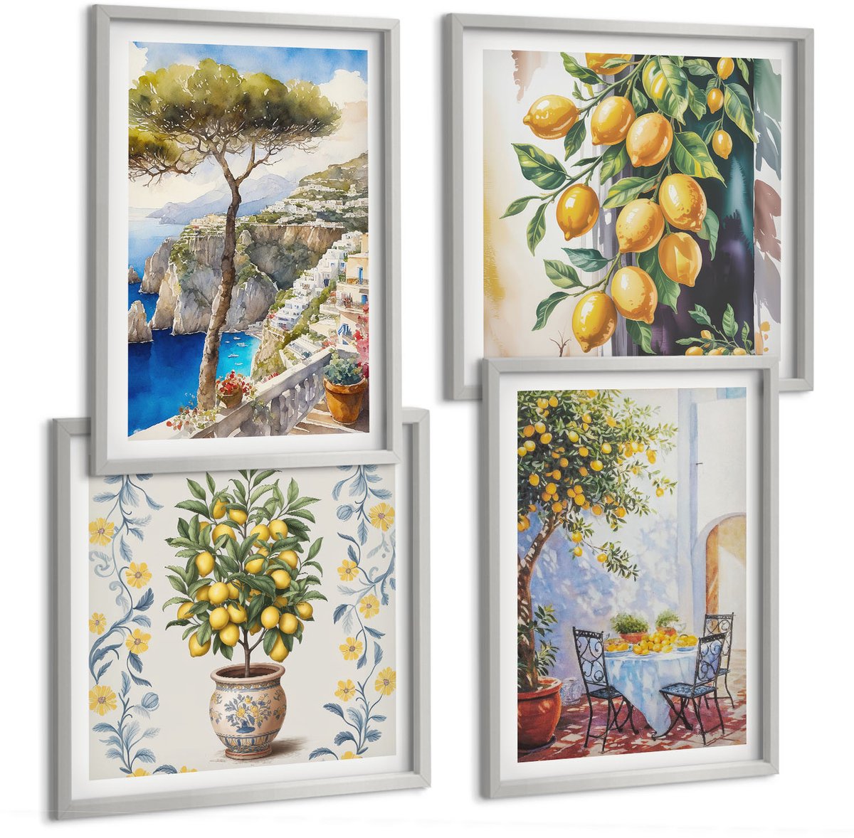 Coloray 4-Delige Schilderij Set - Citroenbomen En Geschilderde Zeegezichten - 40 x 40 cm En 40 x 60 cm - Stijlvolle Muurdecoratie - Kantoor - Moderne Wanddecoratie