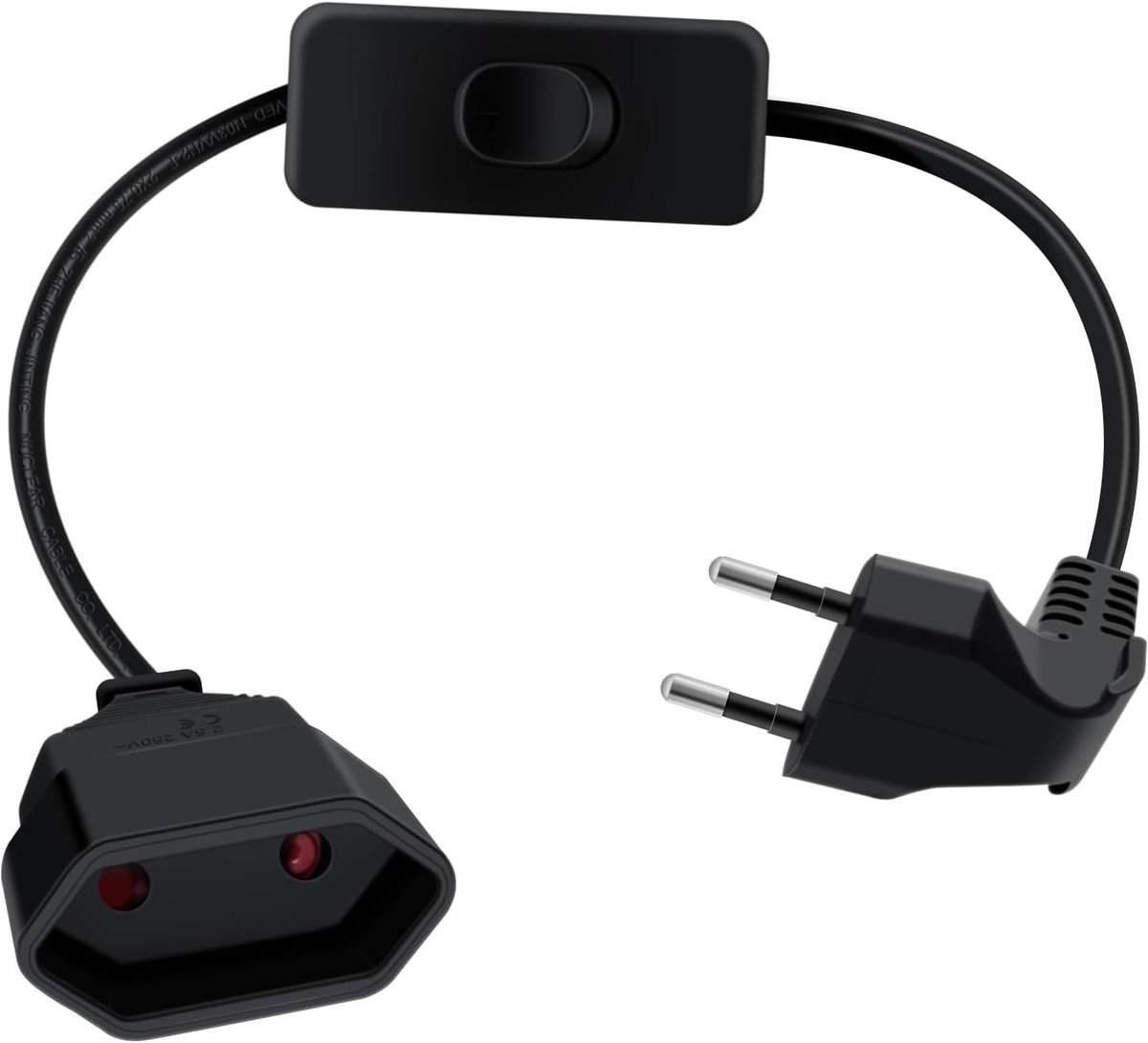 Verlengkabel Eurostekker met Schakelaar 2,5 A 250 V Plat Eurostekker 90 Graden Kort Voor Huishoudelijke, Apparaten TV PC Computer Monitor Enz (Zwart, 0.5m)