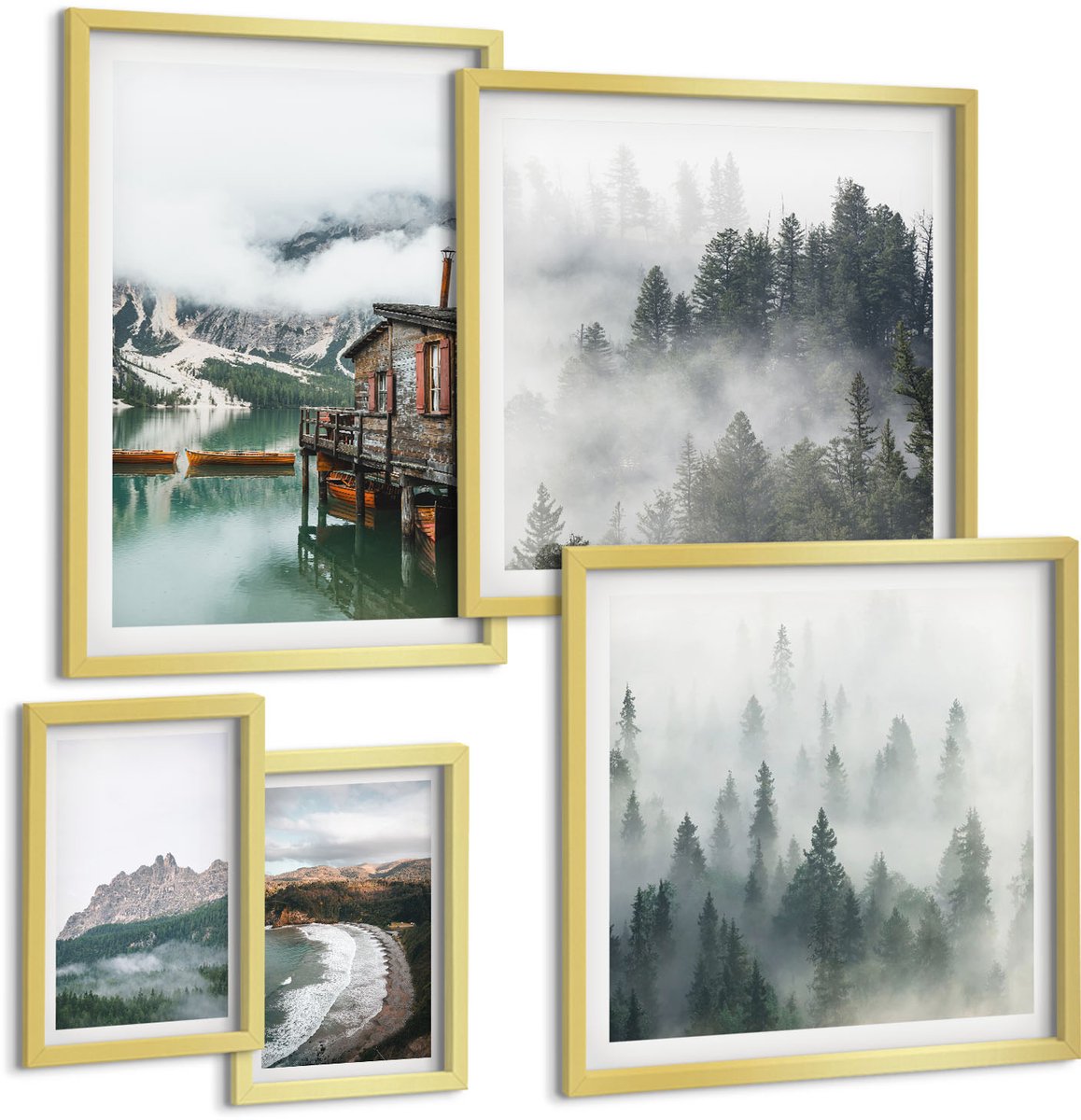 Coloray 5-Delige Schilderij Set - Berglandschappen Met Huisjes Aan Het Water En In De Bossen. - 50 x 50 cm, 20 x 30 cm En 40 x 60 cm - Stijlvolle Muurdecoratie - Slaapkamer - Decoratieve Schilderijen
