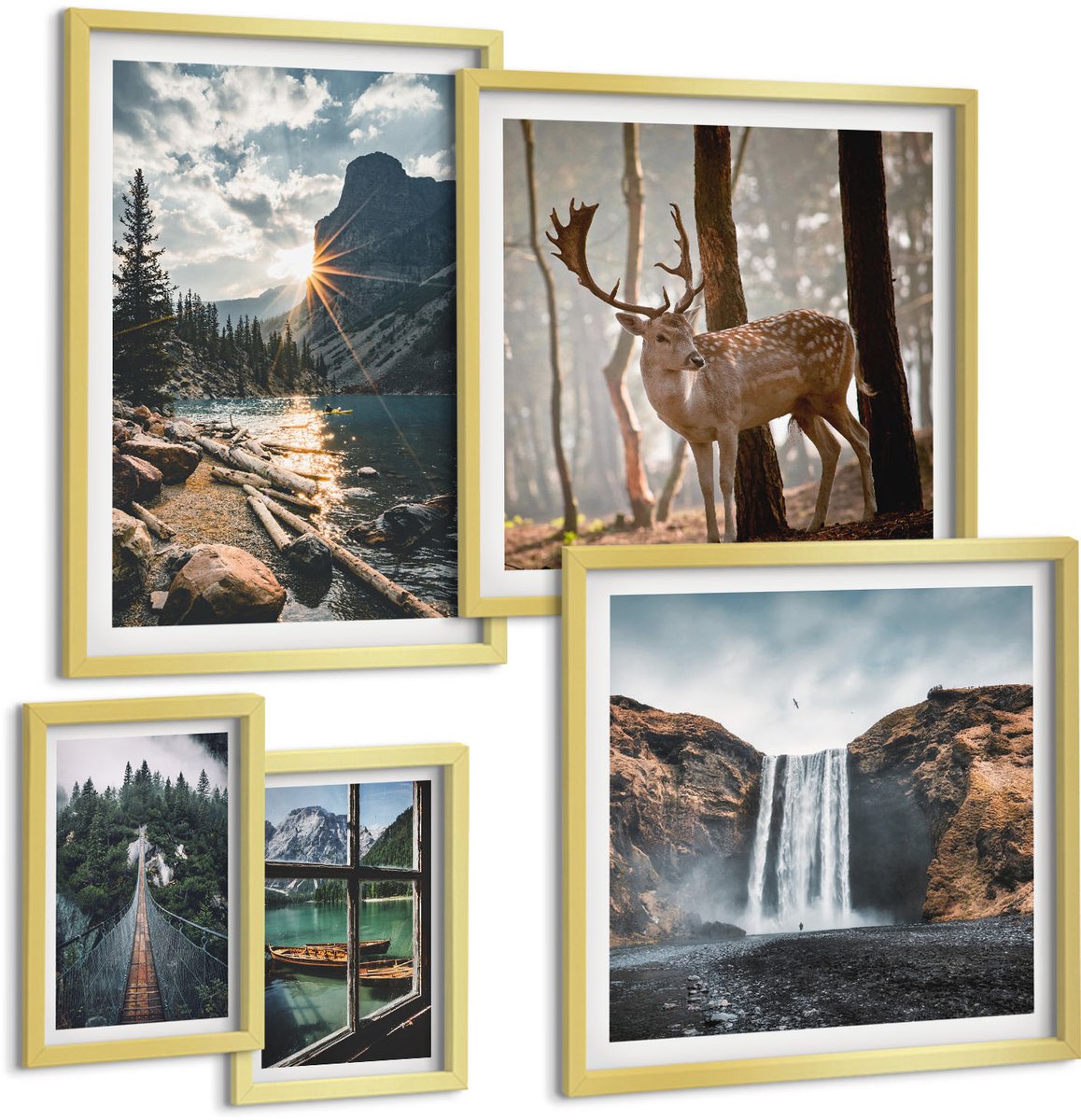 Coloray 5-Delige Schilderij Set - Natuurlandschappen Met Watervallen En Wilde Dieren - 50 x 50 cm, 20 x 30 cm En 40 x 60 cm - Muurdecoratie - Wanddecoratie - Slaapkamer - Decoratieve Schilderijen
