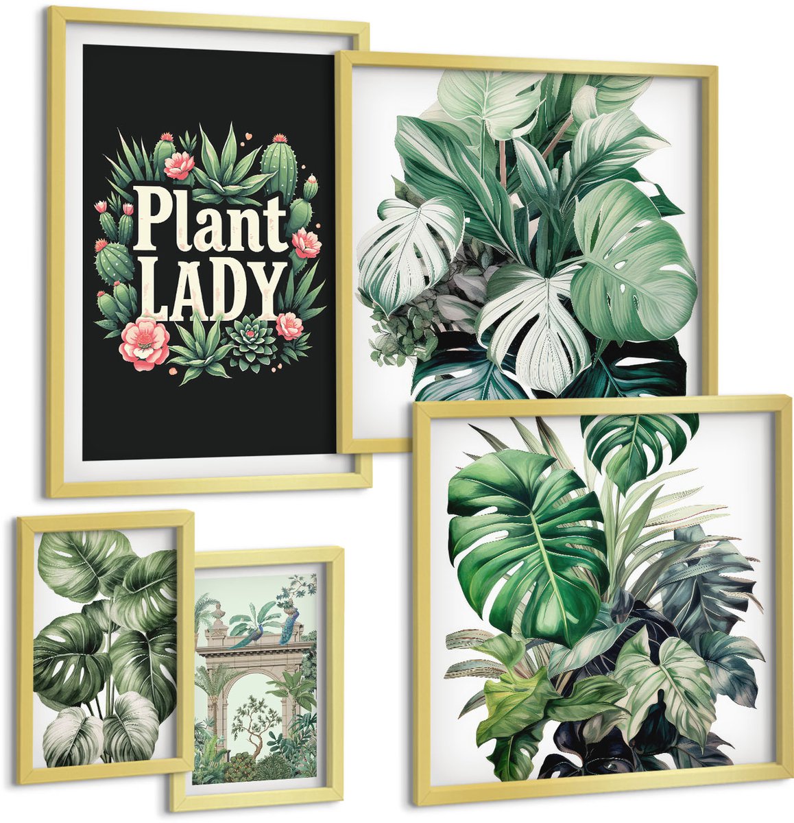 Coloray 5-Delige Schilderij Set - Bloemenaccenten In Boho-Stijl Voor Liefhebbers Van Groen. - 50 x 50 cm, 20 x 30 cm En 40 x 60 cm - Schilderijen Set - Wanddecoratie - Woonkamer - Muurdecoratie