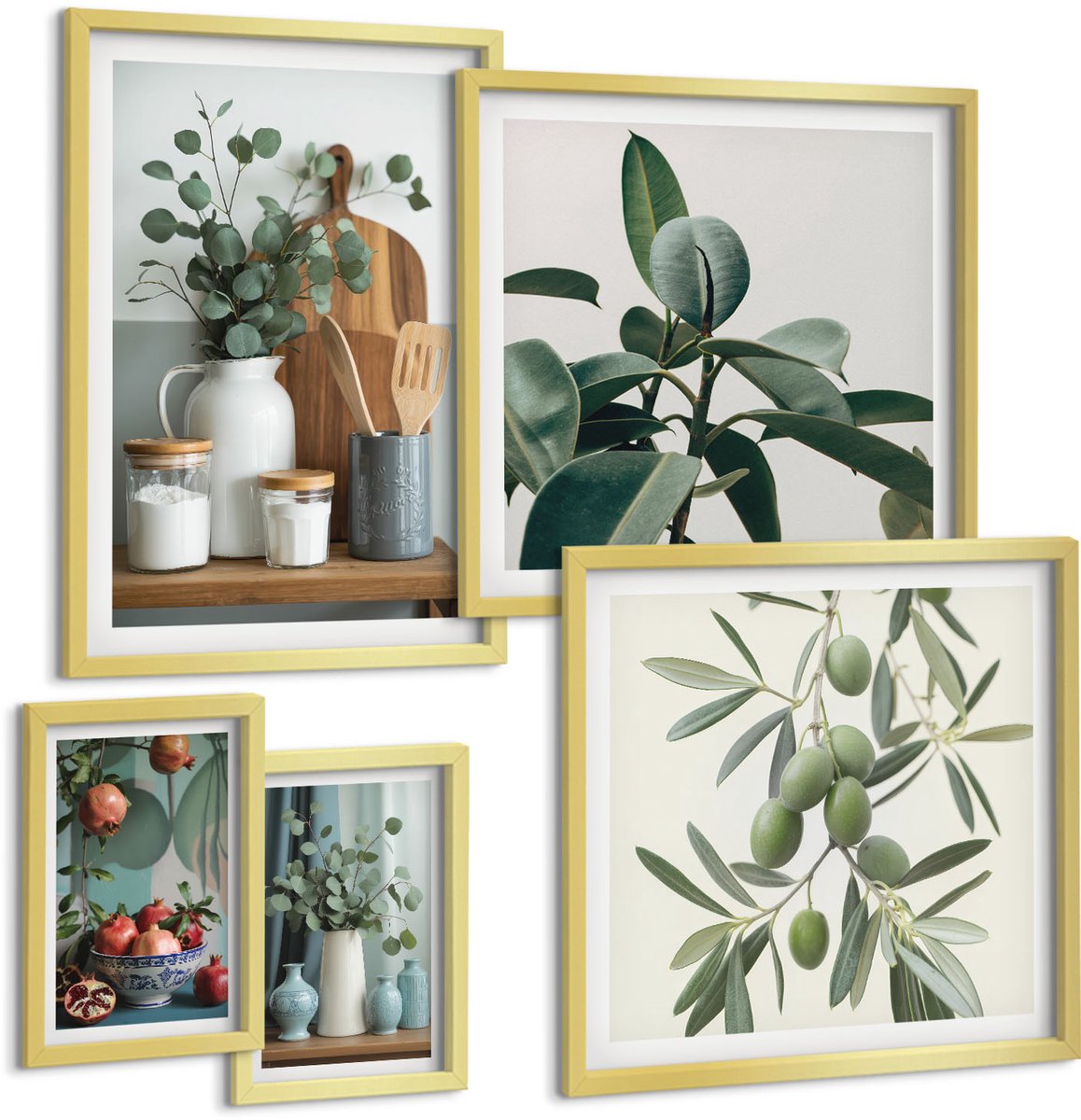 Coloray 5-Delige Schilderij Set - Natuurlijke Accenten In Scandinavische Stijl Met Planten - 50 x 50 cm, 20 x 30 cm En 40 x 60 cm - Stijlvolle Wanddecoratie - Interieur - Interieur Decoratie