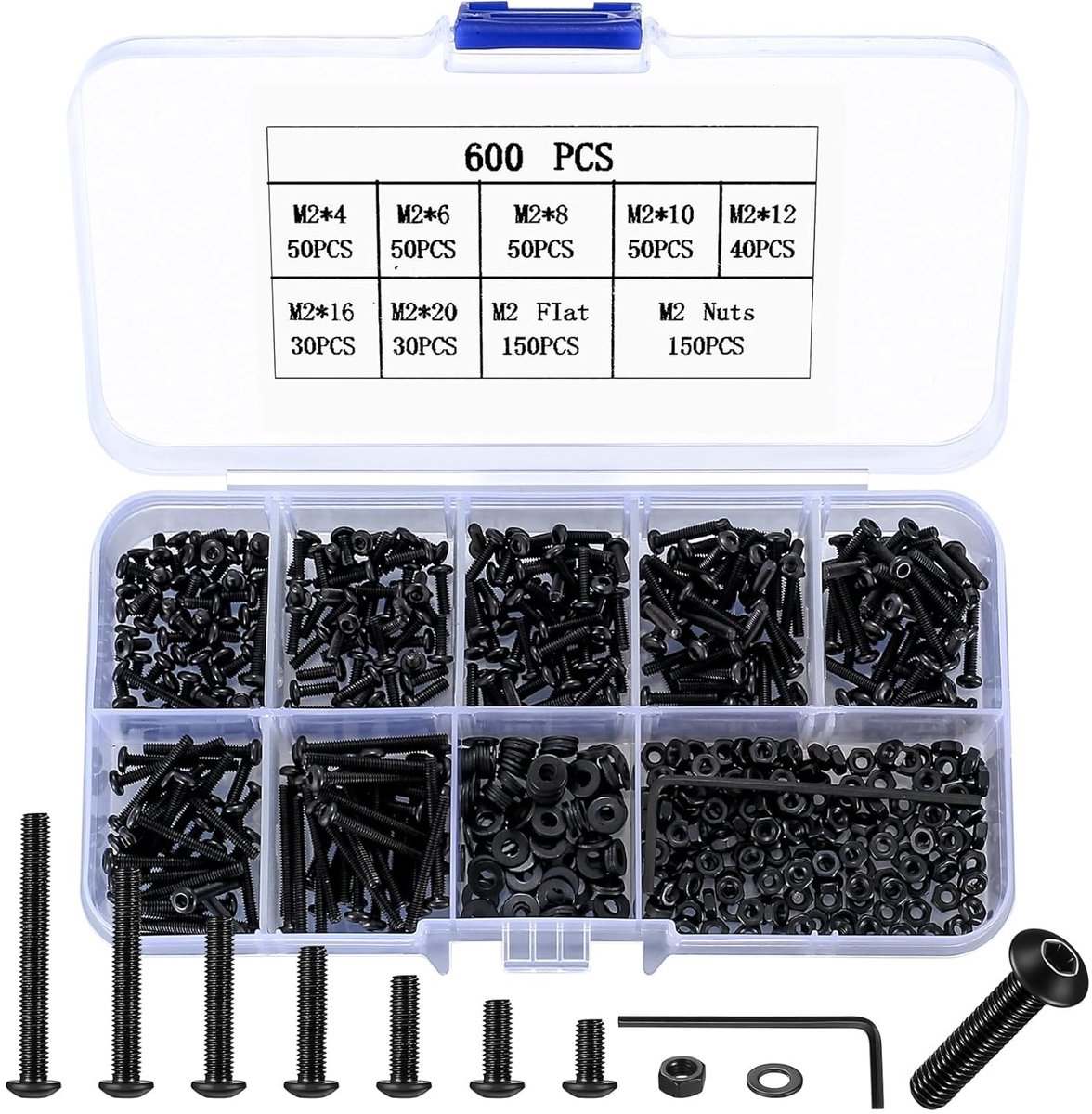 Schroevenset, 600 stuks, lenskop, binnenzeskantschroeven, moeren, set met sluitringen, zwart, ronde kopschroeven en moeren, assortimentset, machineschroeven, schroefdraadschroevenset