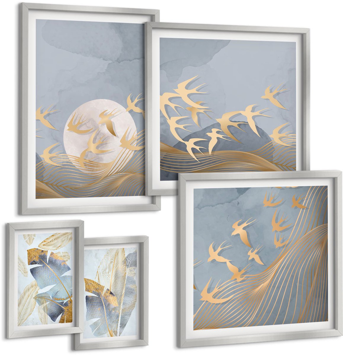 Coloray 5-Delige Schilderij Set - Bladeren In Blauwe En Beige Tinten Op Een Lichte Achtergrond. - 20 x 30 cm - Decoratieve Schilderijen - Woonkamer - Interieur - Interieur Decoratie