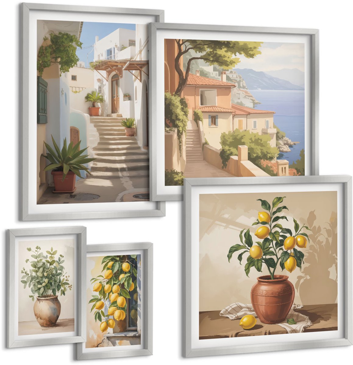 Coloray 5-Delige Schilderij Set - Bloemen In Een Vaas Met Uitzicht Op Zee En Citroenen - 20 x 30 cm - Wanddecoratie - Schilderijen Set - Kantoor - Woonkamer Decoratie