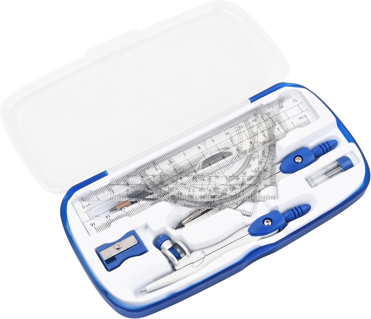 Wiskundekompasset, 10-delige set voor de geometrie, passer van de middelbare school, geometrie kit voor scholieren en leraren, doos met gradenboog voor schoolmateriaal (blauw)