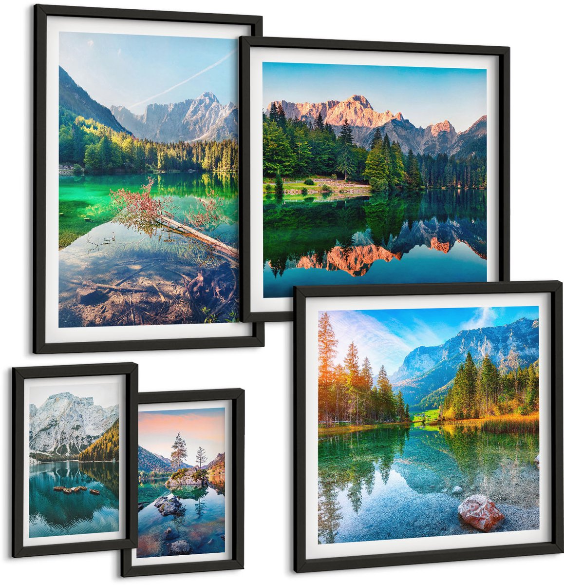 Coloray 5-Delige Schilderij Set - Berglandschappen Met Meren En Groene Bossen - 50 x 50 cm, 20 x 30 cm En 40 x 60 cm - Decoratieve Schilderijen - Wanddecoratie - Hal