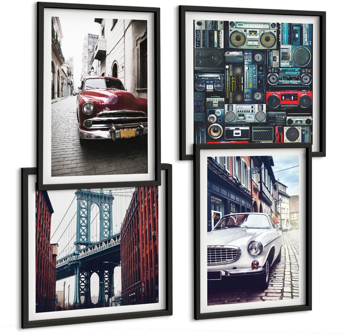 Coloray 4-Delige Schilderij Set - Oude Auto'S Op Straat Bij De Brooklyn Bridge En Retro Audioapparatuur - 40 x 40 cm En 40 x 60 cm - Moderne Wanddecoratie - Woonkamer - Interieur Decoratie Zwarte lijst