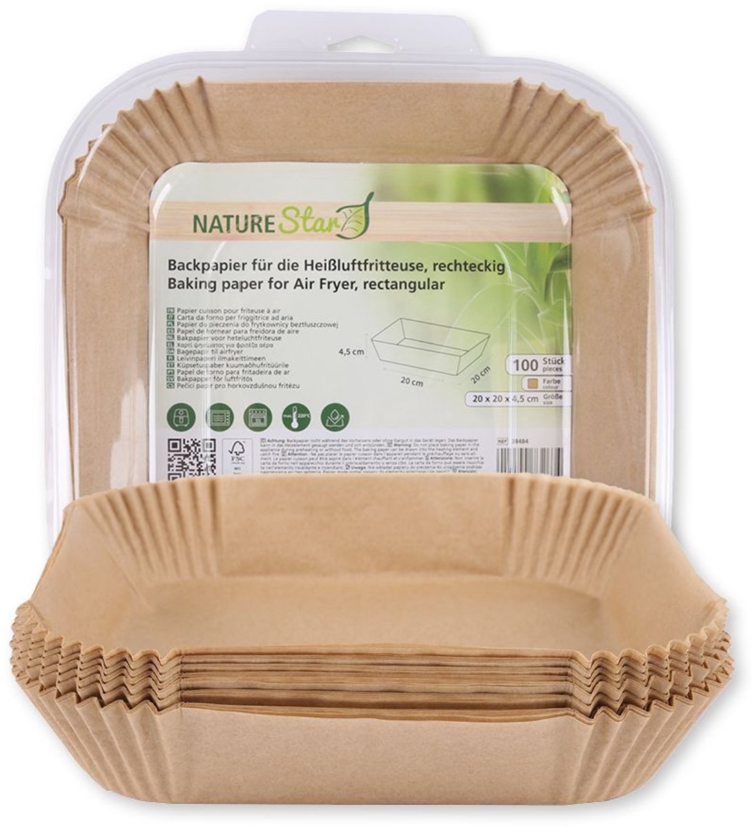 Nature Star Airfryer Bakpapier Rechthoekig – 100 Stuks – 20 x 20 x 4,5 cm – Hittebestendig tot 220°C – Antiaanbaklaag – FSC® Mix