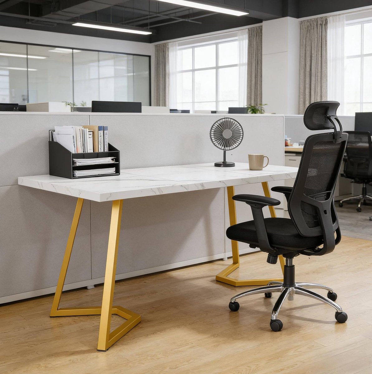 MODFU-Bureau-Computertafel-Wit-Goud-Marmerlook-140x80x75 Cm