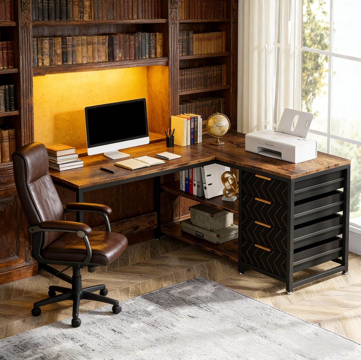 MODFU - Hoekbureau - L-Vormig - Industrieel - Opbergruimte - Hout - Zwart - 150 Cm