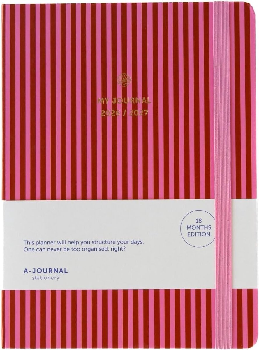 Schoolagenda 2026 2027 meisje - Roze met strepen - 16 x 21,5 cm - Hardcover planner met soft-touch oppervlak - 18 maanden overzicht