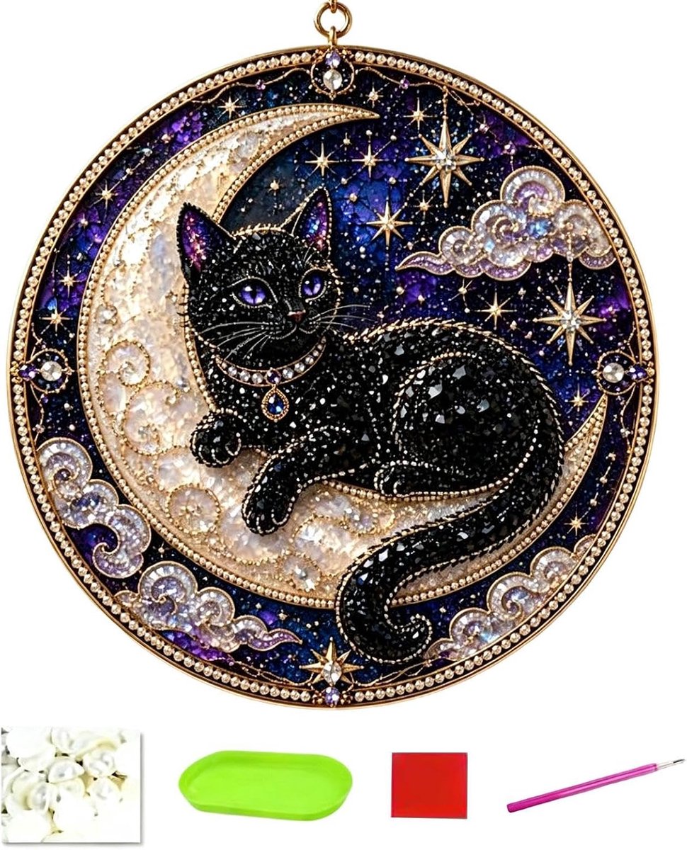 DIY Diamond Painting - Diamantschilderset met kattenthema - DIY Feestelijke Decoraties - Raamhangers - Muurdecoraties - Geschikt voor knutselaars - zilver