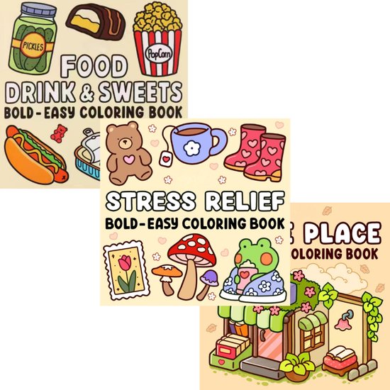 Collage de trois couvertures de livres de coloriage : 'Food Drink & Sweets', 'Stress Relief' avec ours et bottes, et 'Hygge Place' avec champignons et grenouille.