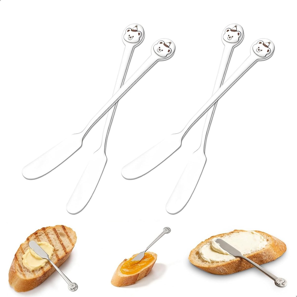Roestvrijstalen Botermes Set van 4 met Panda Ontwerp en Botermes voor Jam en Crème - Lengte 16.8 cm, Ideaal voor Keuken en Tafelaankleding