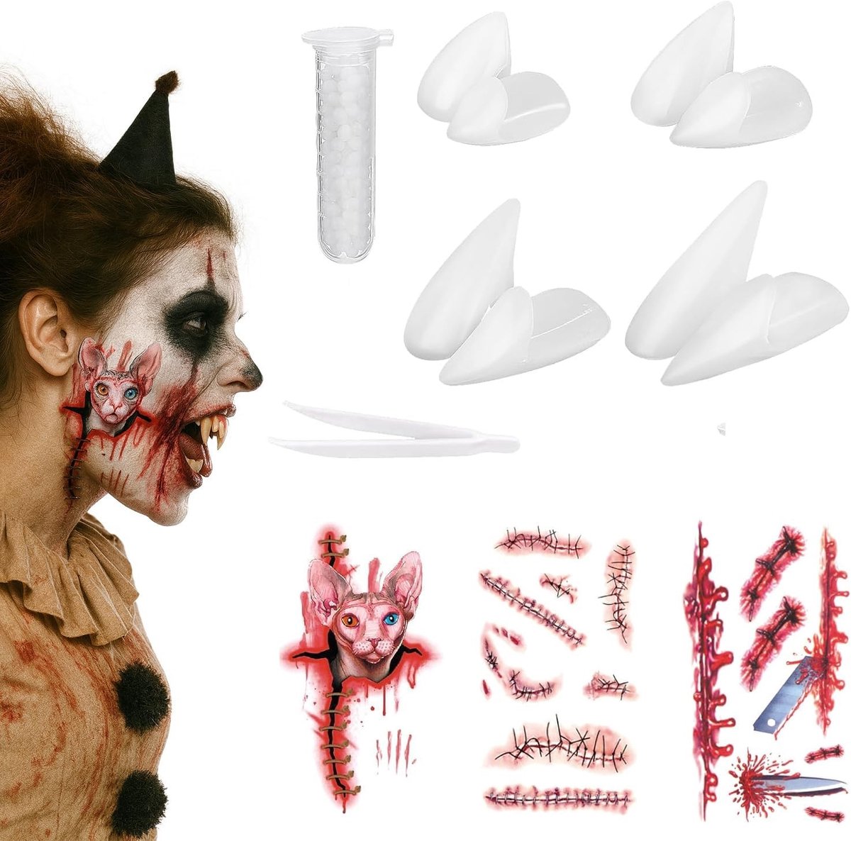 Halloween Vampiertanden Set voor Volwassenen - 4 Maten, 3 Stuks, Halloween Tatoeages en Kostuumaccessoires voor Cosplay Feestdecoratie met Lijm en Weerwolf Tanden