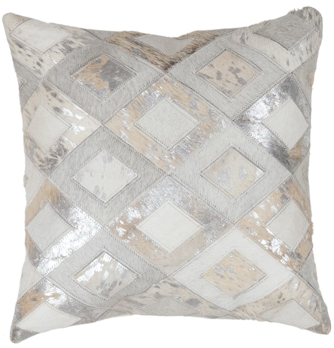 Padiro sierkussen 45 x 45 cm - grijs en zilverkleurig - leer - ruitpatroon met metallic accenten