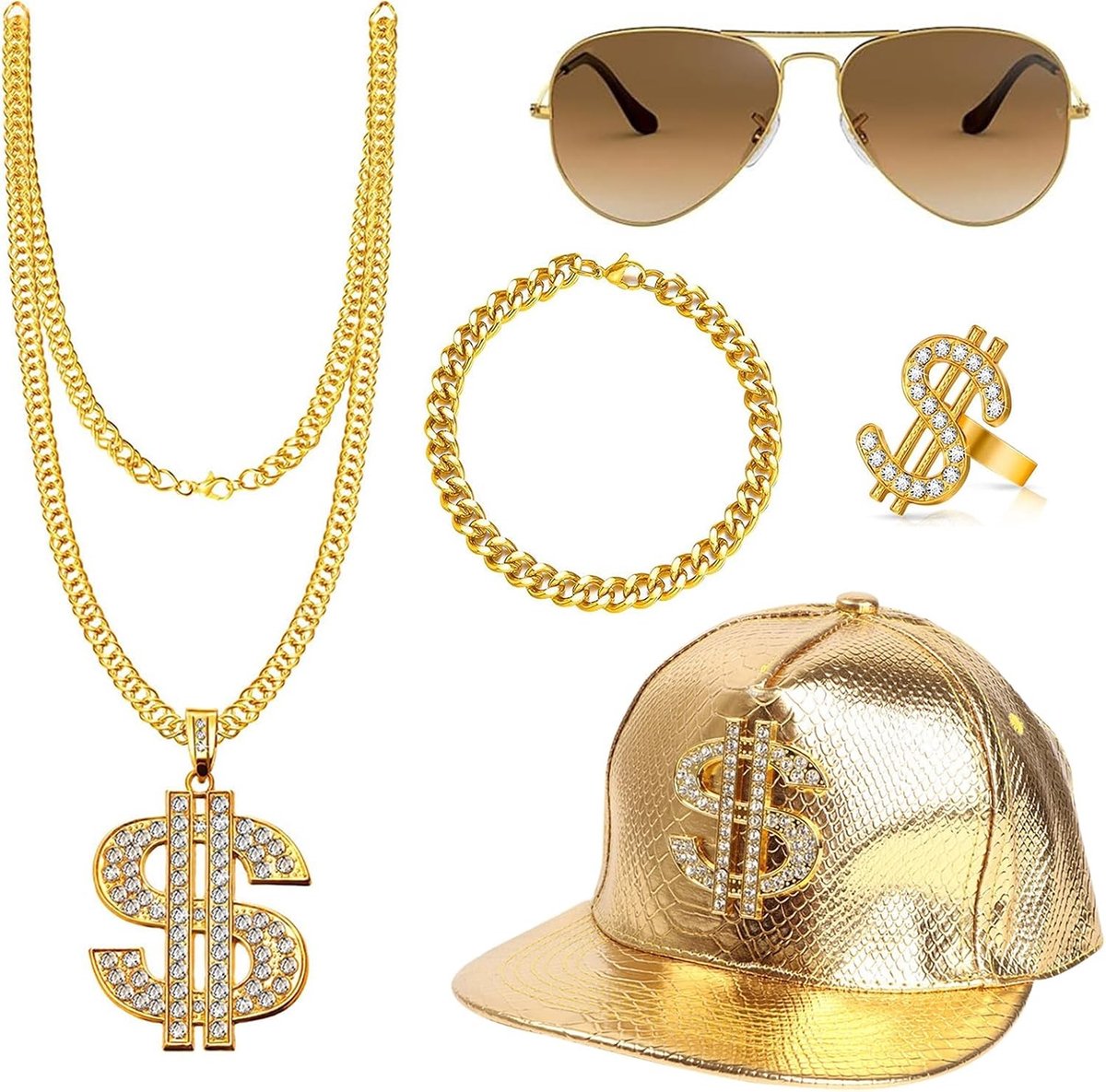 80s 90s kostuum accessoires voor mannen, carnaval verkleedpartij, hip hop pet, gouden dollar ketting, ring, armbanden en zonnebril set van 5 stuks