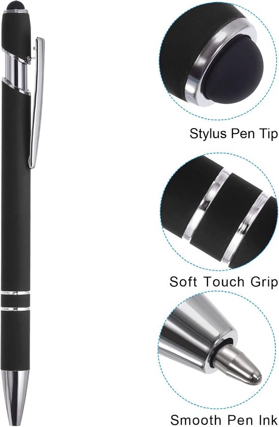 Balpen 6 Pack - 2 in 1 metalen pen - zwarte inkt 1,0 mm medium punt - stylus tip voor touchscreens - ServiceTopper — afbeelding 3