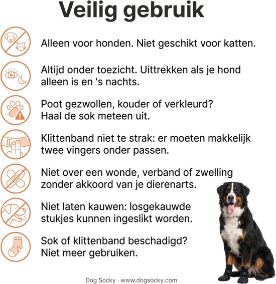 Informatiegrafiek over veilig gebruik van zwarte hondensokken, inclusief waarschuwingen voor toezicht, pasvorm en wondverzorging.
