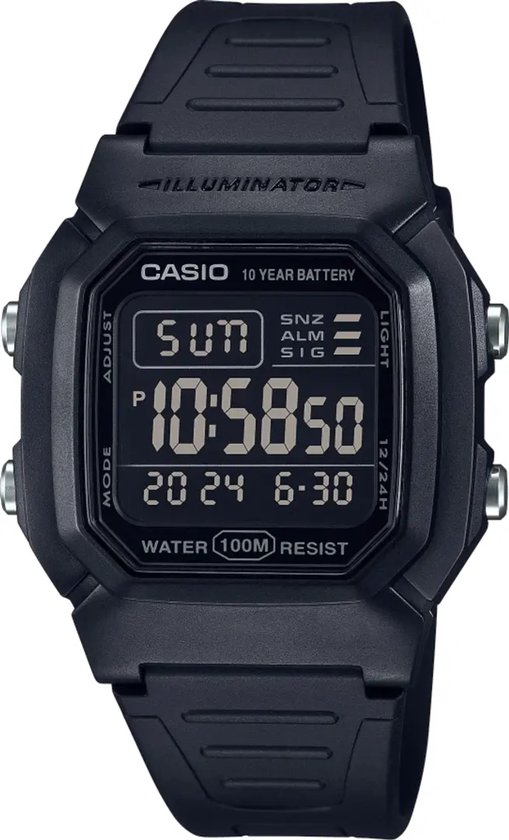 Zwart Casio digitaal horloge met rechthoekige kast, rubberen band en 10-jarige batterijtekst op de wijzerplaat.
