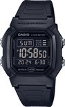 Zwart Casio digitaal horloge met rechthoekige kast, rubberen band en 10-jarige batterijtekst op de wijzerplaat.