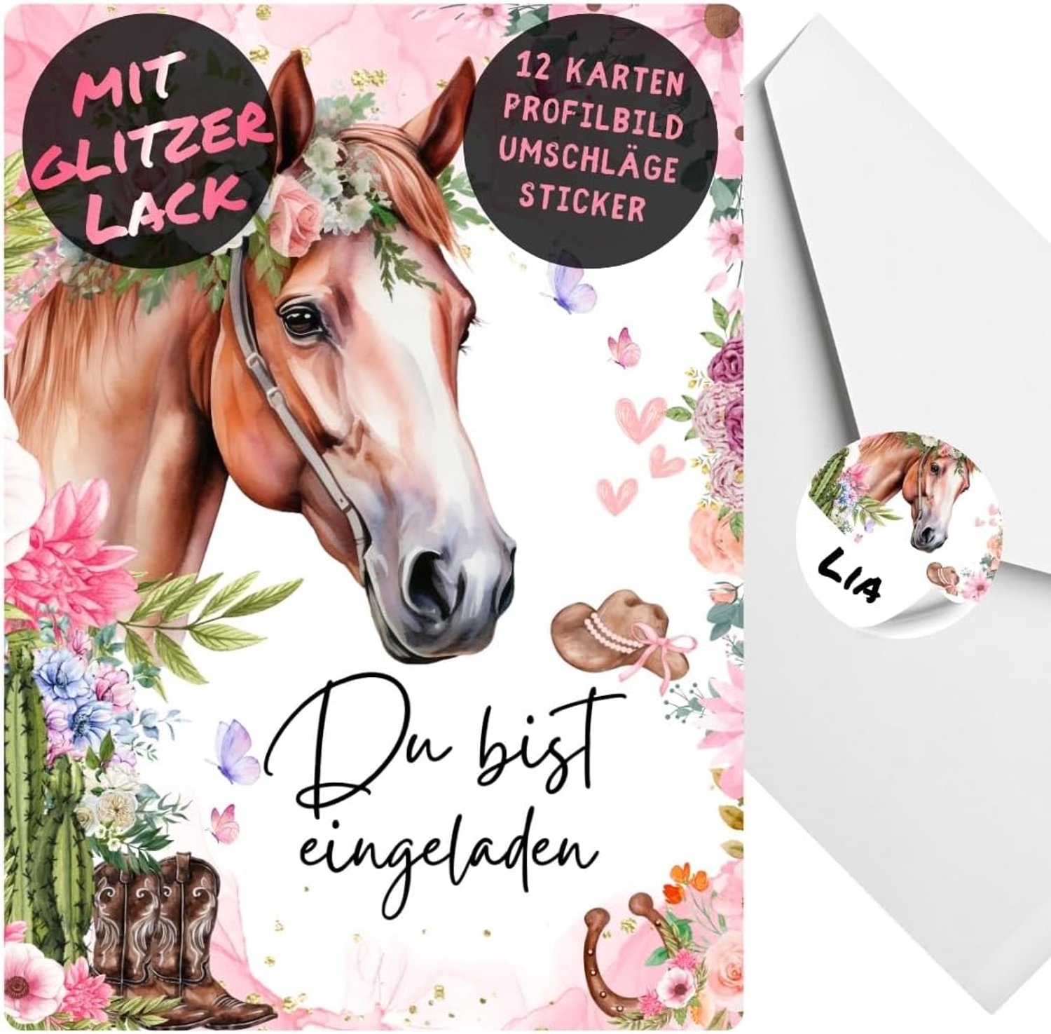 12x Feestkaartjes Paarden Glitters - Voor kinderfeestjes - Met 12 Enveloppen en 12 Stickers