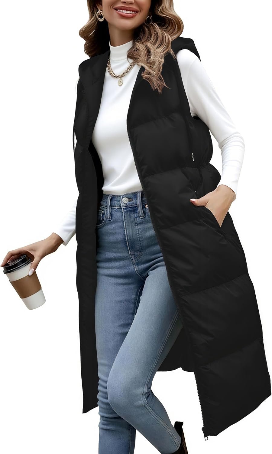 Stevige vest met capuchon, zonder mouwen, warm wintervest