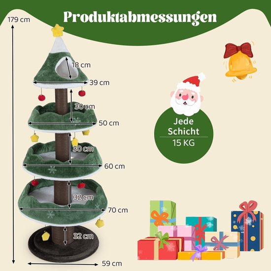 Productafmetingen van de 179 cm hoge kerstboom-krabpaal met vier verdiepingen.