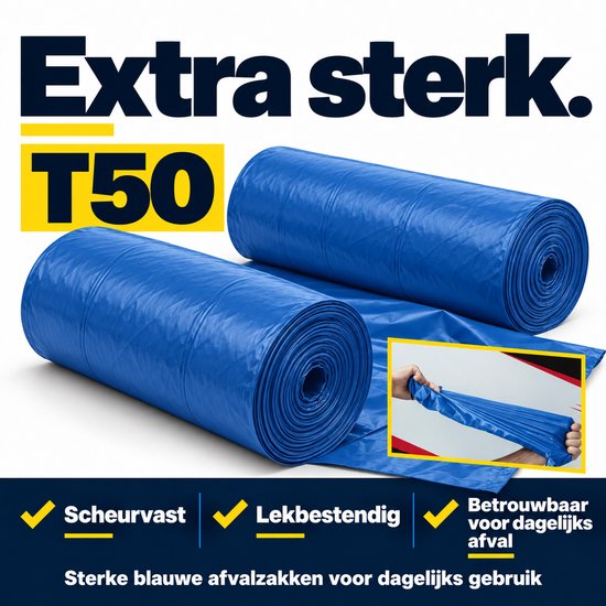 Extra sterke blauwe T50 afvalzakken op rol, scheurvast en lekvrij voor dagelijks gebruik.