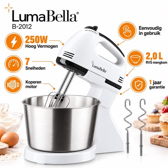 LumaBella B-2012 Handmixer met Mengkom en Standaard – 2 Liter RVS Mengkom – 250W – 7 Snelheden + Turbofunctie – Inclusief 2 Gardes en 2 Deeghaken – Wit van LumaBella — afbeelding 5