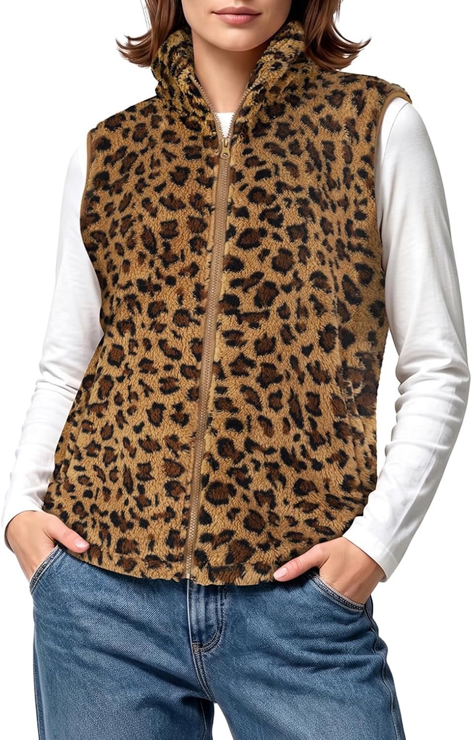 Fleece vest met kraag en zakken