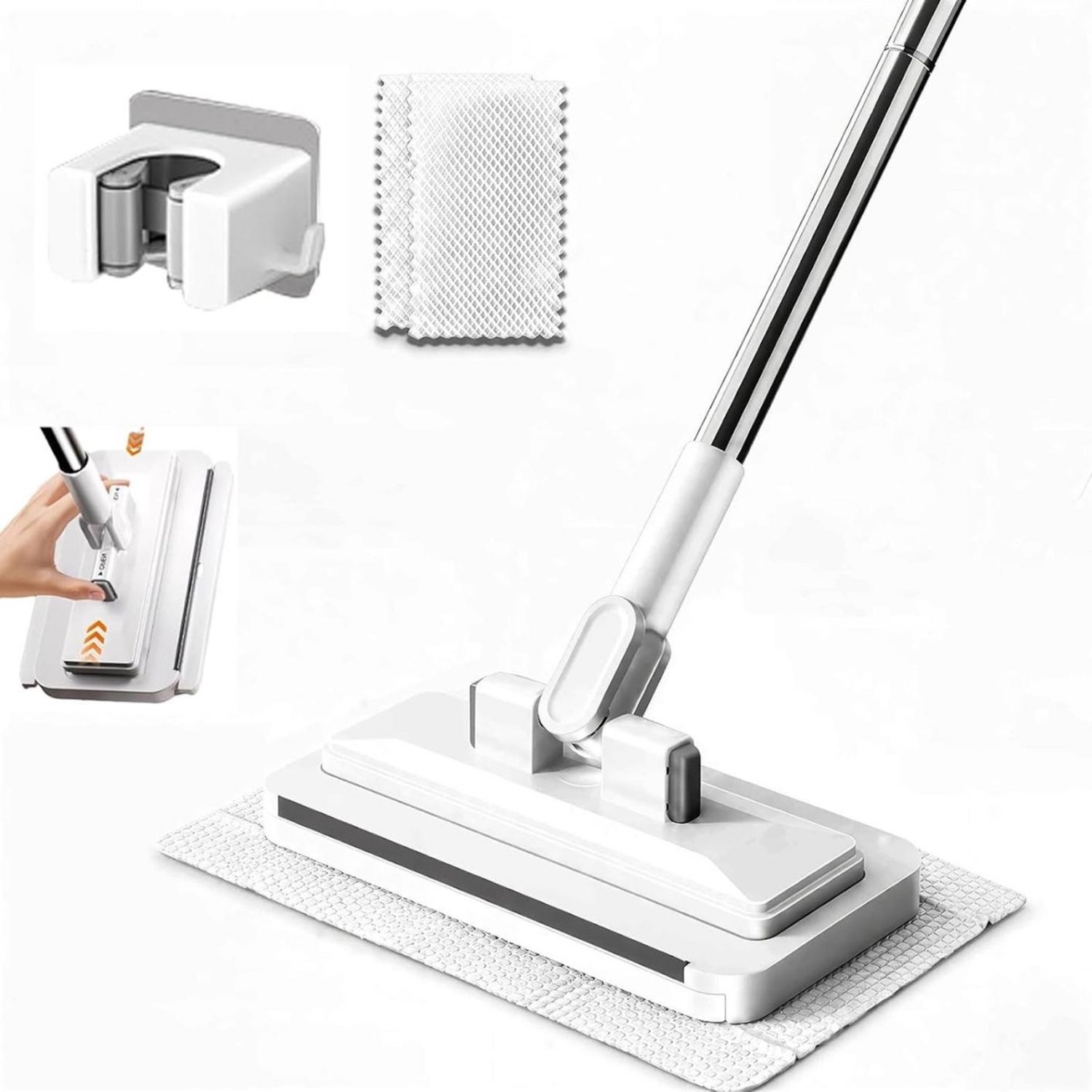 SSTRWGOOD Handsfree vlakke mop – Mopdoek bevestigen met één klik – Geschikt voor nat en droog gebruik – Geschikt voor vloeren, muren, spiegels en smalle kieren – Voorzien van een 360° draaibare kop, geïntegreerde wisser en wandmontage-opbergsysteem