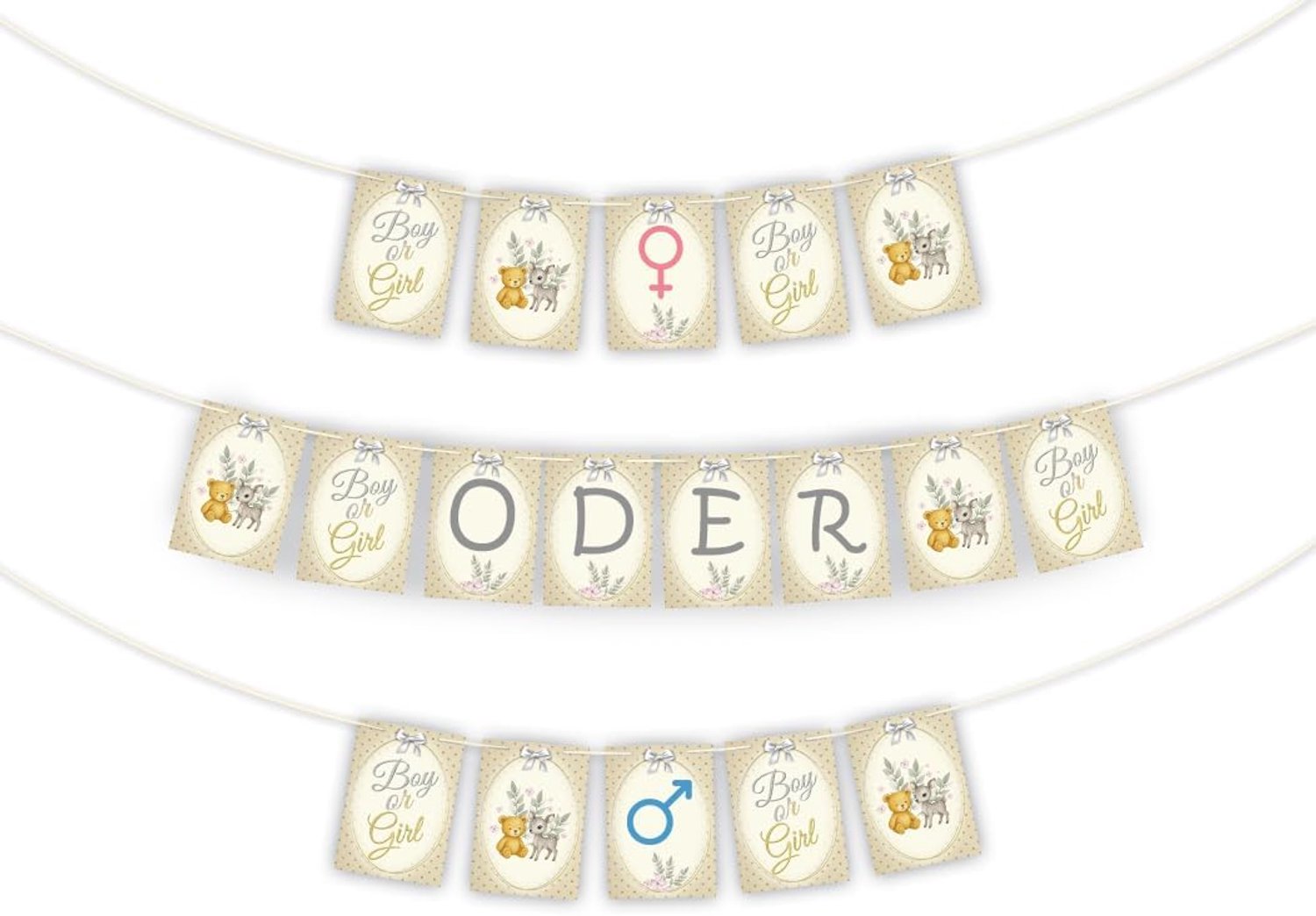 Girlande voor gender reveal party - eigen tekst - fotodecoratie - goud en zilver - 20 kaarten A5 met 5 meter touw