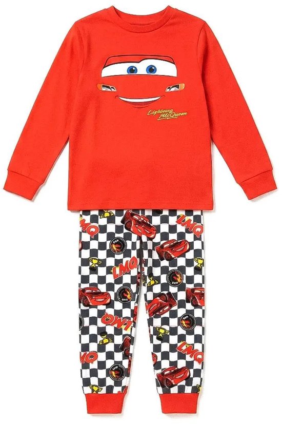 Rode Disney Cars pyjamaset met Lightning McQueen print op de top en een zwart-wit geblokte broek met race-motieven.