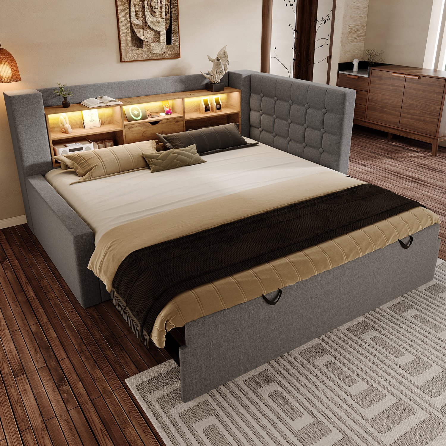 Welltin Gestoffeerd bed 90x200 met onderschuifbed 90x190 - Opbergruimte - Ledverlichting en USB - Logeerkamer - 214 x 107 x 88 cm - Grijs linnen