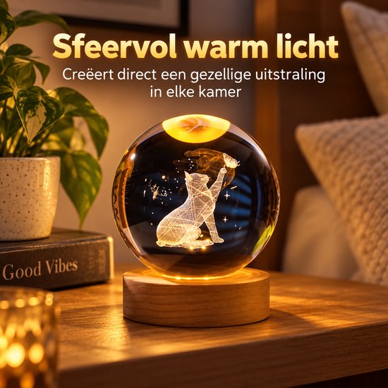 Klarigo® Nachtlamp – Kat - Poes - 3D LED Lamp – Glazen Bol – Warm Licht – Bureaulamp – Nachtlampje Kinderen – Creative lamp van Klarigo — afbeelding 5