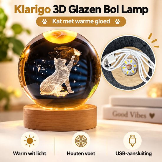 Klarigo® Nachtlamp – Kat - Poes - 3D LED Lamp – Glazen Bol – Warm Licht – Bureaulamp – Nachtlampje Kinderen – Creative lamp van Klarigo — afbeelding 3