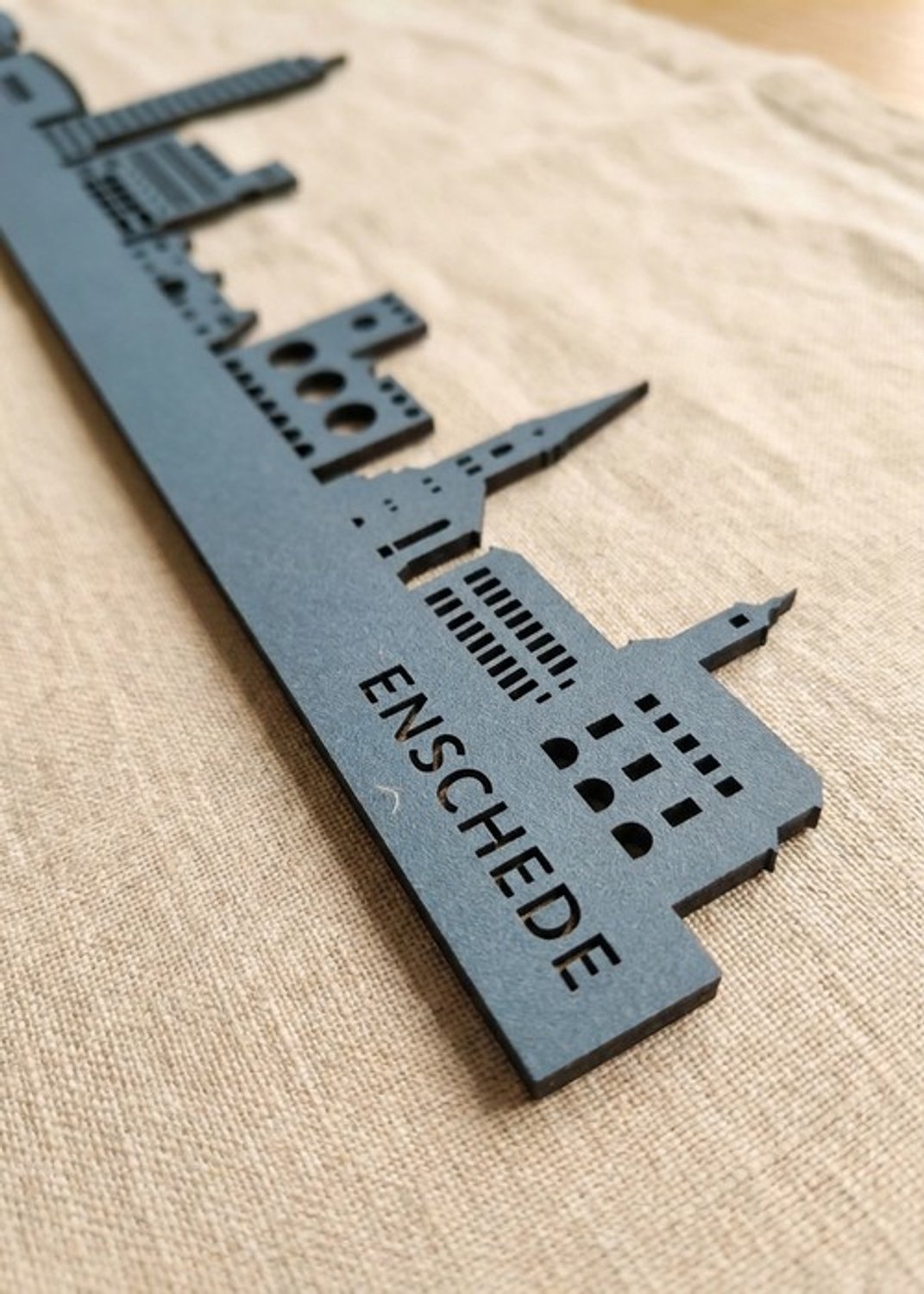Houten Skyline Enschede | Wanddecoratie voor aan de muur | Blauw MDF | 100 x 20 cm