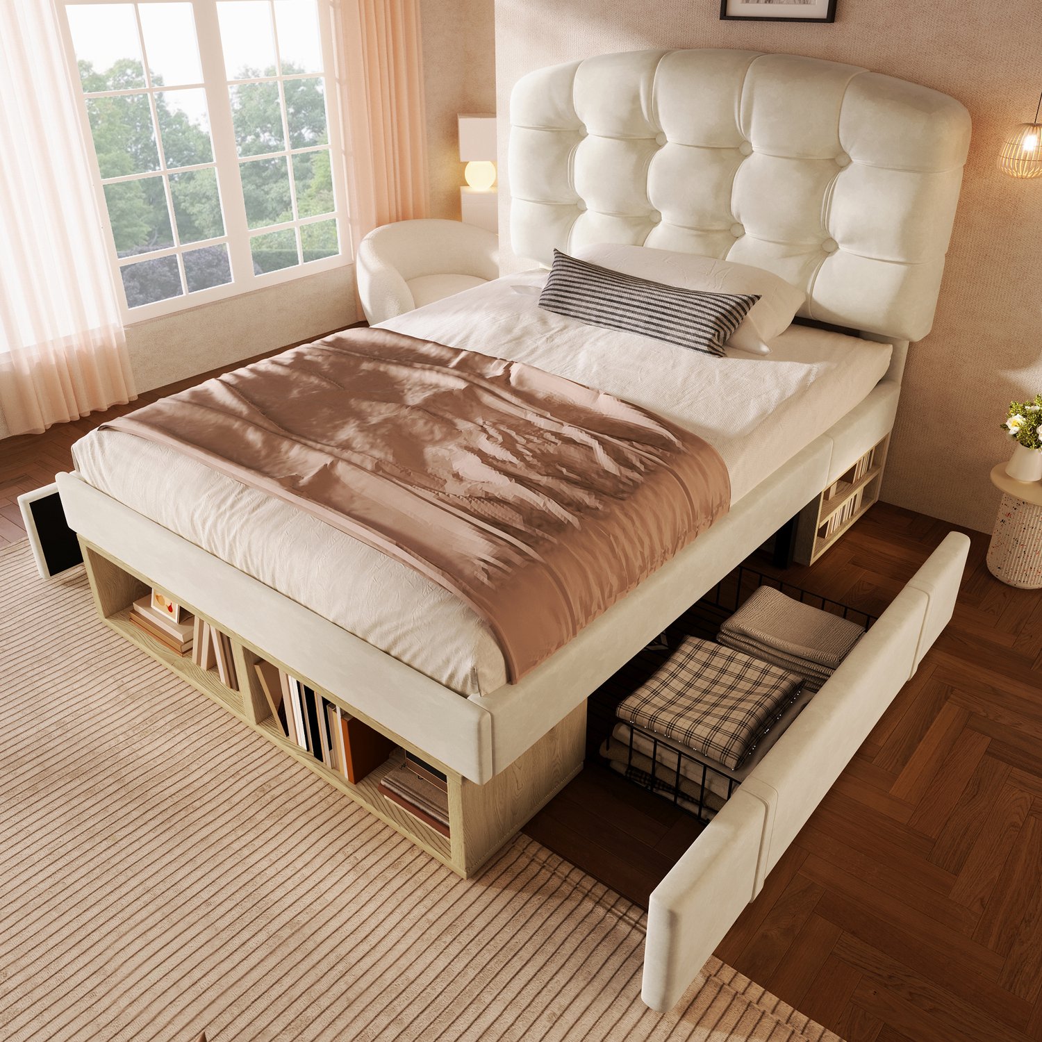 Welltin Eenpersoonsbed 90x200 cm - Fluwelen bed - Lades en opbergvakken - Verstelbaar hoofdbord - Lattenbodem - Beige