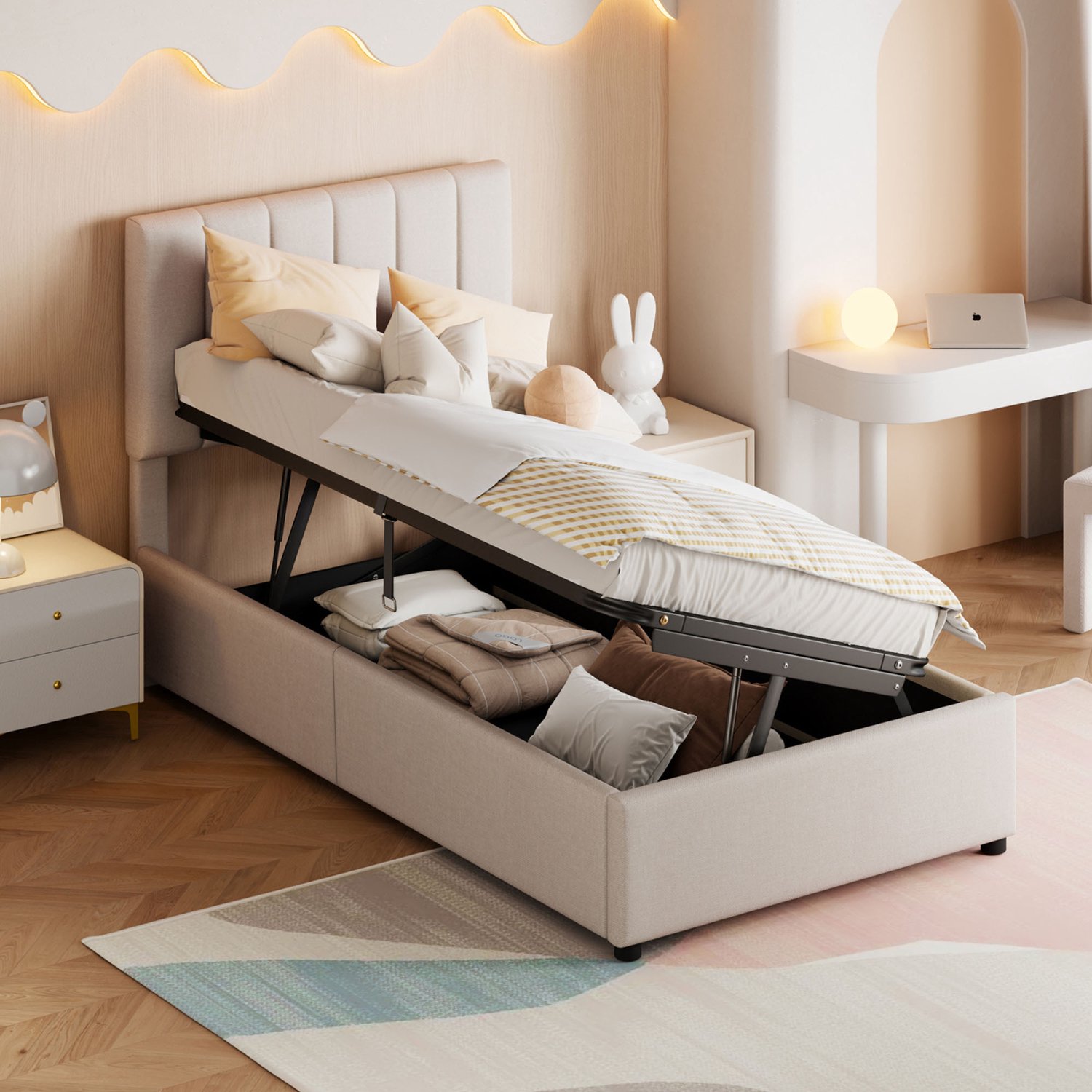ROSAHQNDA Kinderbed 90x200 cm, eenpersoonsbed met verstelbaar hoofdbord en opbergruimte, praktisch opbergbed voor de kinderkamer, linnen, beige, zonder matras