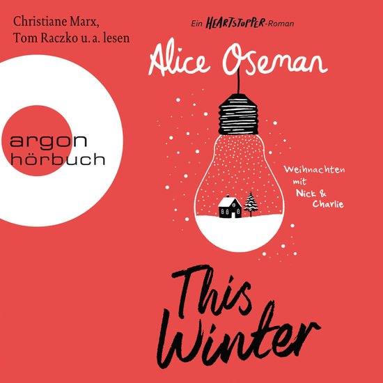 Luisterboek 'This Winter' door Alice Oseman met een gloeilampillustratie op een rode achtergrond en een winterlandschap.