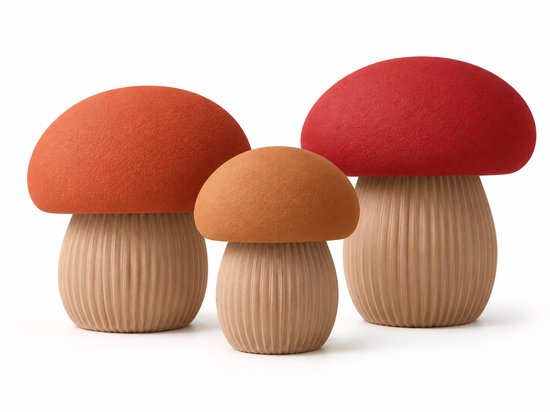 Drie decoratieve paddenstoelen met geribbelde houten stelen en zachte, rood-oranje hoeden op een witte achtergrond.