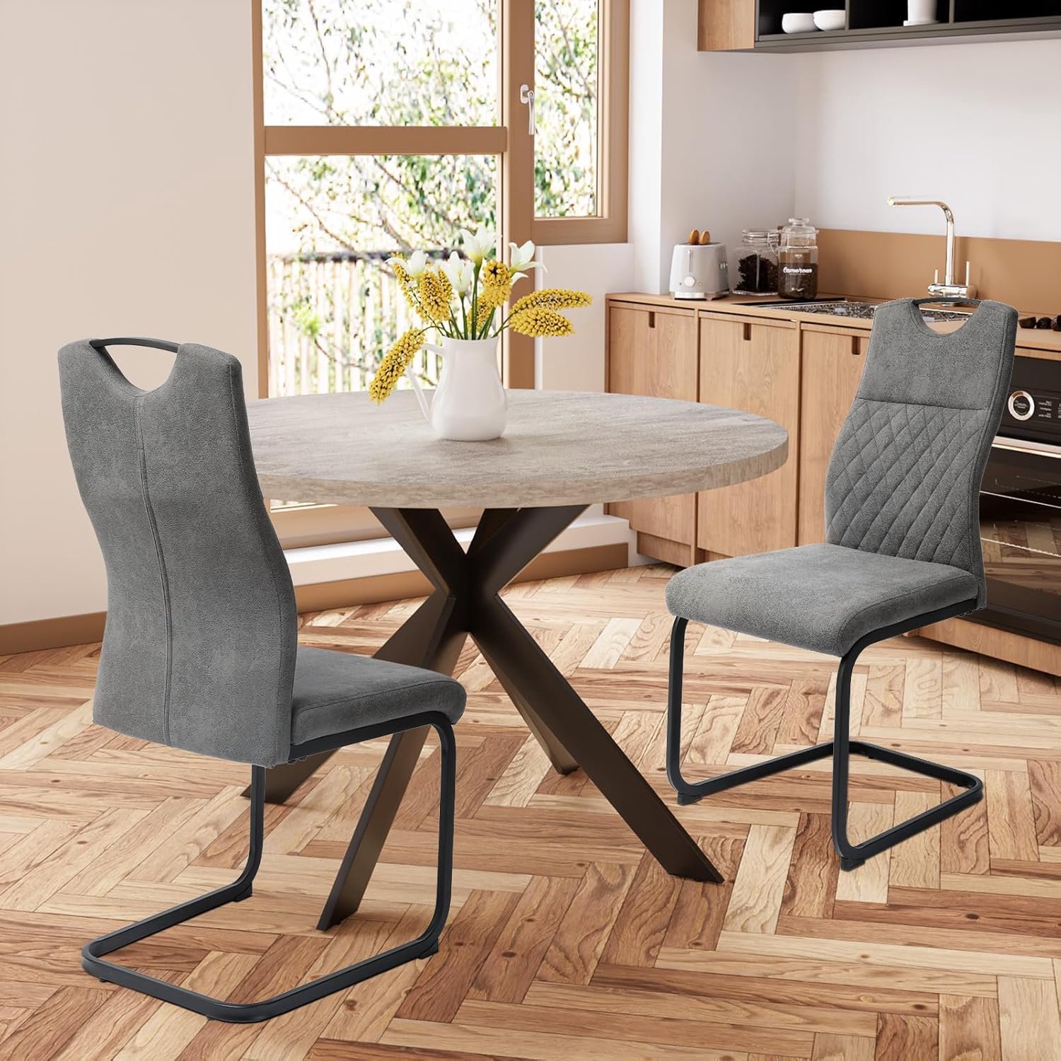 Set van 6 Elegance Comfort Eetkamerstoelen Grijs – Moderne Gestoffeerde Stoelen met Hoge Rugleuning, Ergonomische Zitting en Verchroomde Metalen Poten