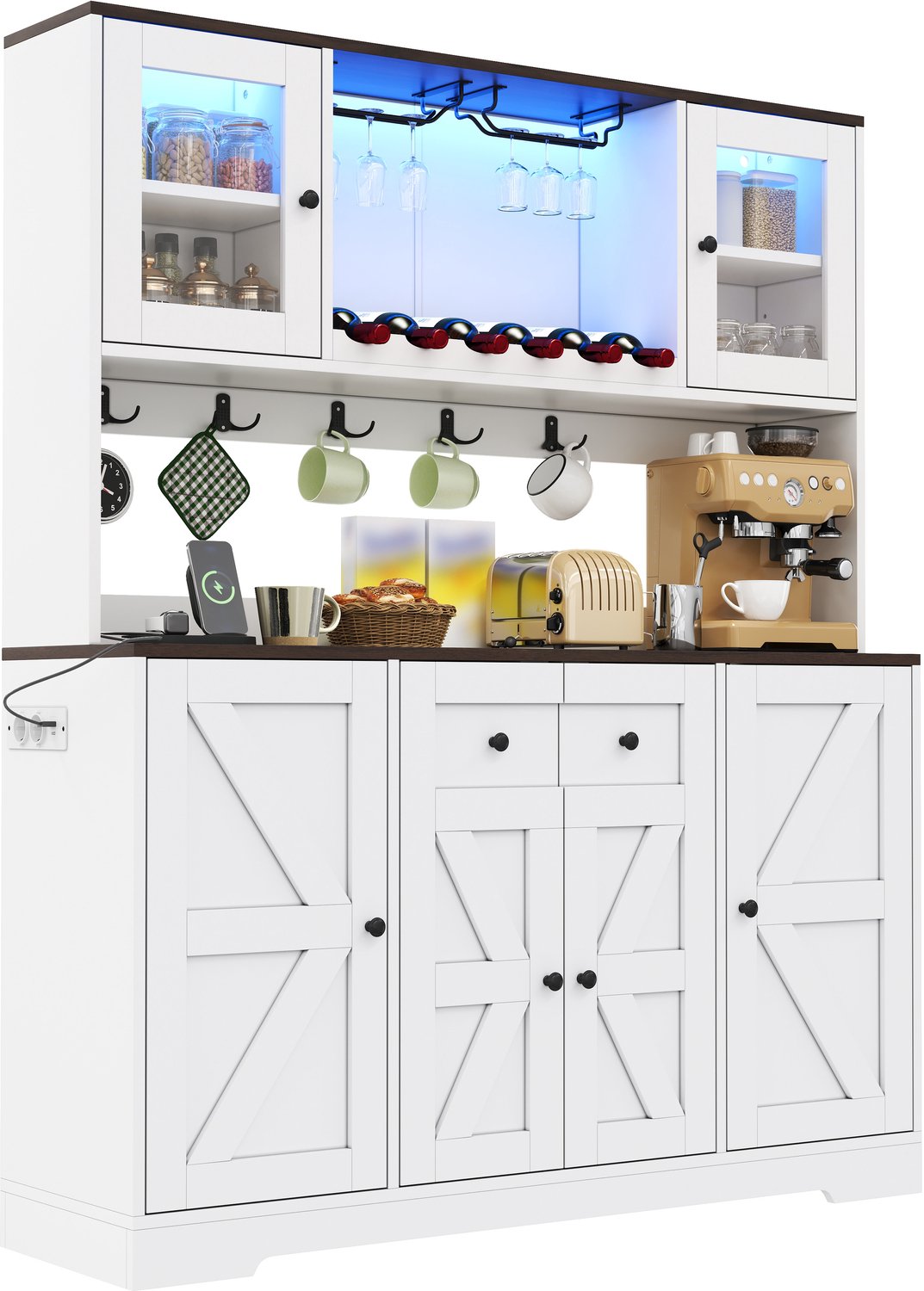 OKWISH Hoge Keukenkast - Met Ledverlichting, Stopcontacten en Wijnrek - Voor Keuken en Eetkamer - Wit MDF - 140 x 40 x 173 cm