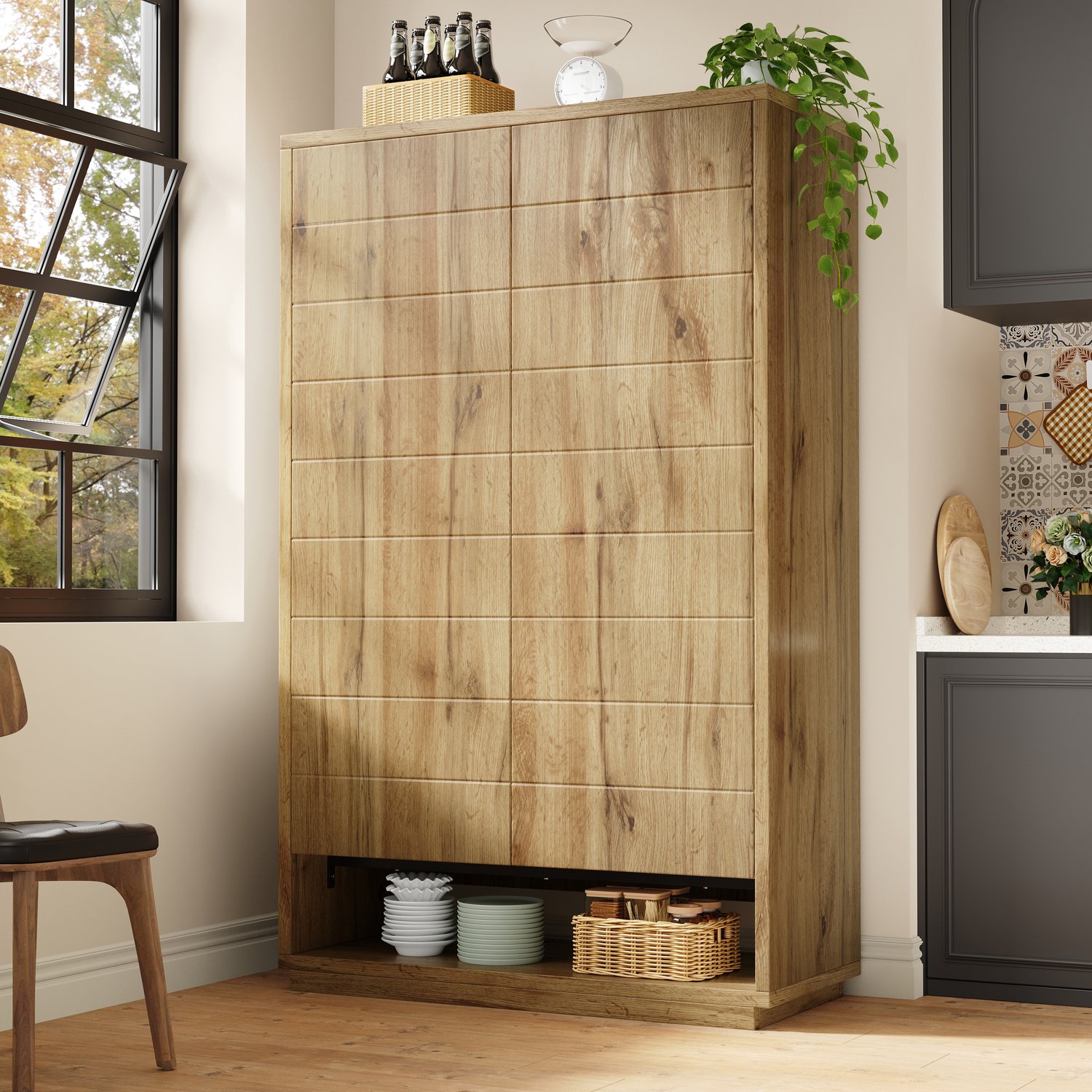 STILVORA Keukenkast - Hoge Kast Met Dubbele Deuren En 8 Opbergvakken - Voor Keuken En Eetkamer - MDF En Metaal - 100x40x162,5 Cm - Licht Eiken Licht eiken houtlook