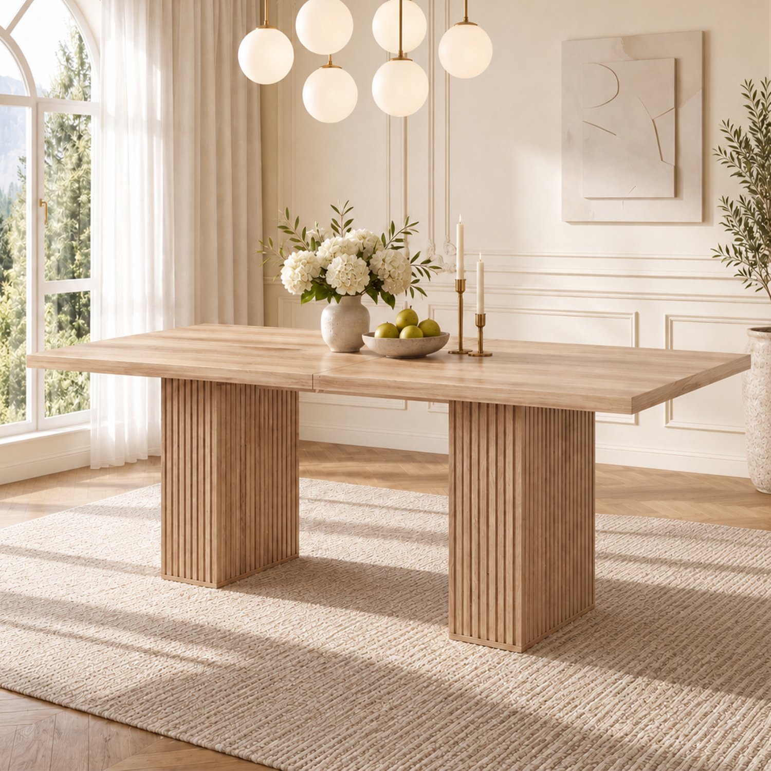 OKWISH Uitschuifbare Eettafel - 6 tot 8 Personen - Met 2 Opbergkasten - Scandinavische Stijl - MDF in Eikenkleur - 150 tot 190 x 90 x 75 cm