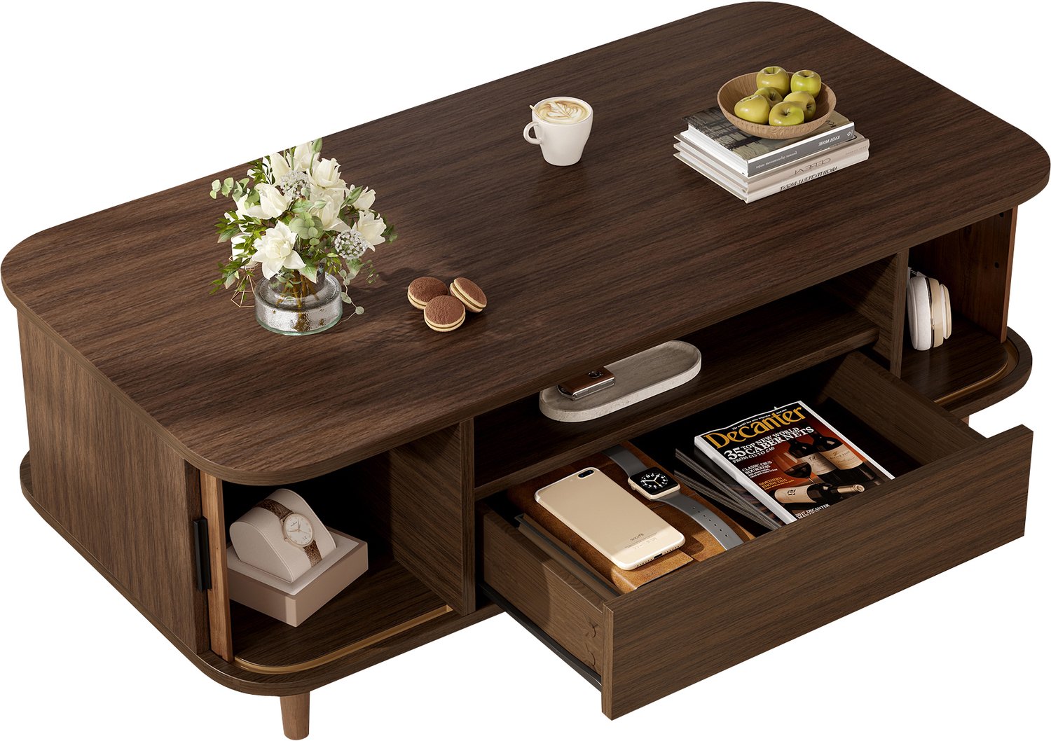REDOM Salontafel 100x50x35 cm - Met lade, 2 roldeuren en open vak - Walnootkleur